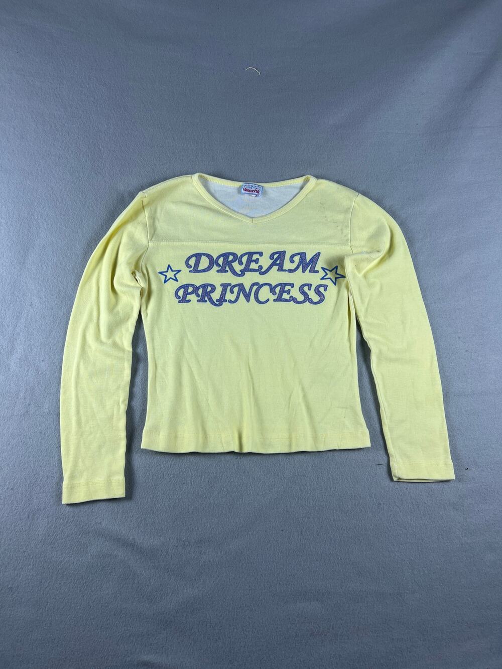 Vintage GlamourChik Top Women L Yellow Stars Dream Princess Spellout Glitter Y2K